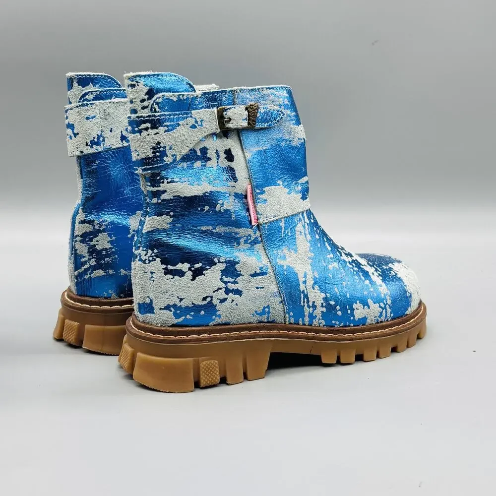 Roberto Cavalli Boots Girls 11 Blue Metallic Angels Combat Zipper Lug Sole Shoes